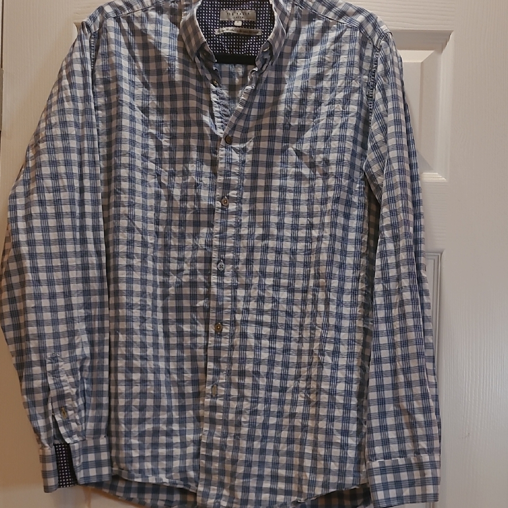 Ted Baker Navy and White Checkered Men's Long Sleeve Dress Shirt-Sz XXL